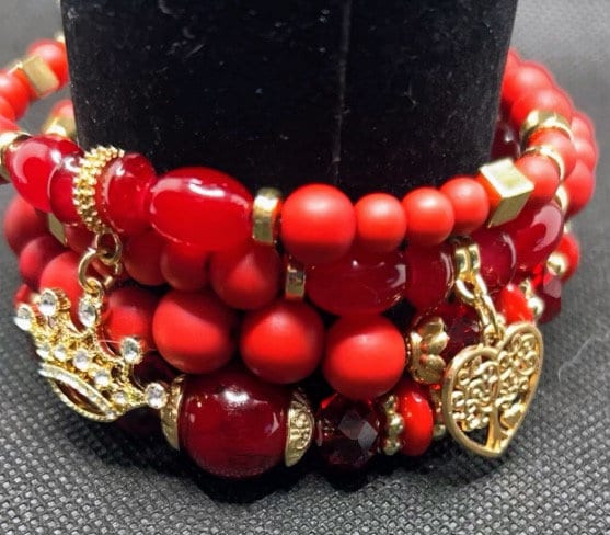 Majestic  Ruby:  is a bohemian style, beaded bracelet, set, pairs, natural stones, crystal bracelets