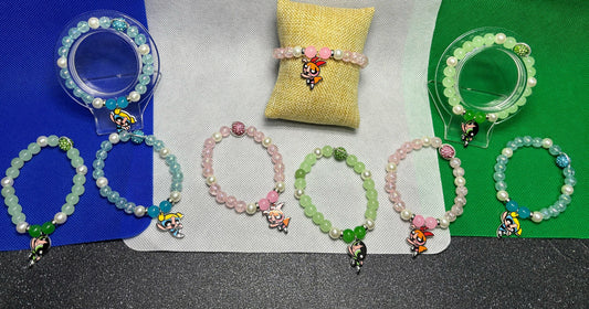 The new and updated PowerPuff Girls Matching Friendship Beaded Bracelets Set, Bubbles, Blossom, Buttercup,  red, green, and blue, Handmade